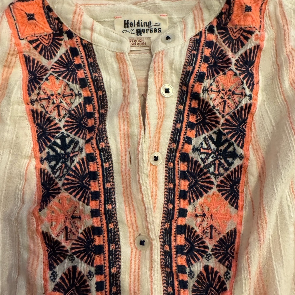 Vintage Anthropologie HOLDING HORSES Embroidered Blouse - White Orange and Blue - Picture 2 of 6
